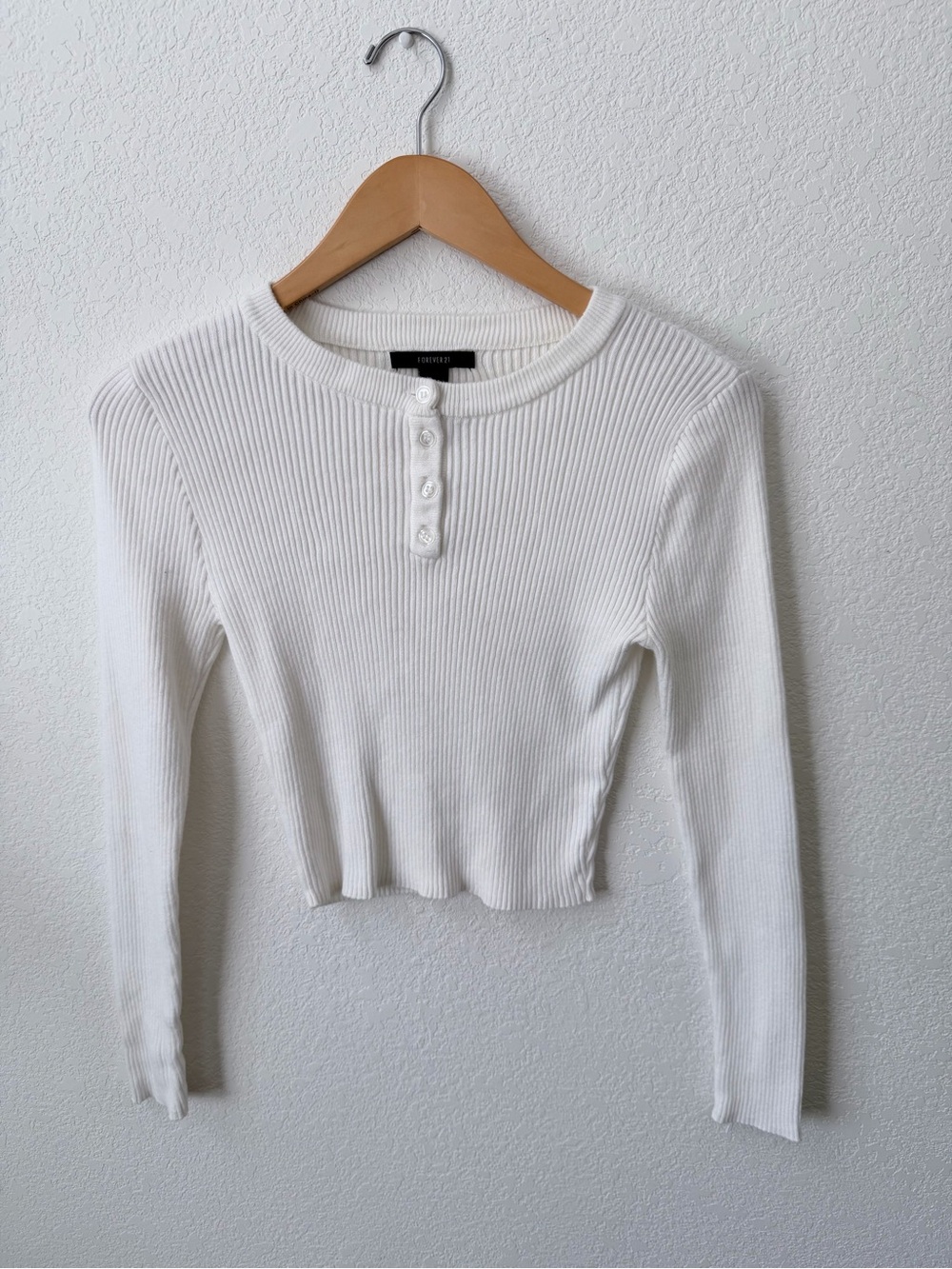 Forever 21 White Ribbed Henley Long-Sleeve Crop Top